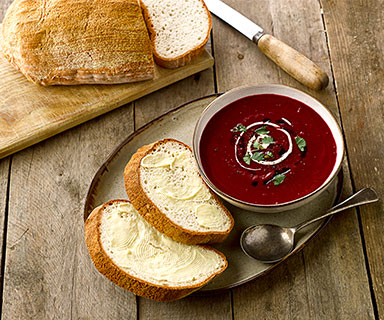 Beautiful Beetroot Soup with Warburtons Gluten Free Tiger Bloomer