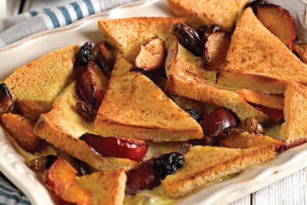 Warburtons Gluten Free Fruity Bread and Butter Pudding with Roasted Plums