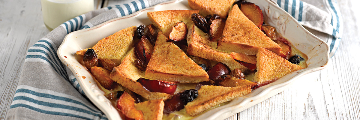 Warburtons Gluten Free Fruity Bread and Butter Pudding with Roasted Plums